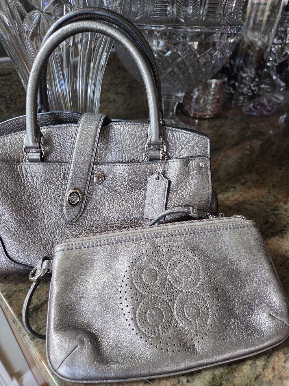 Coach Metallic Silver Handbag and Wristlet